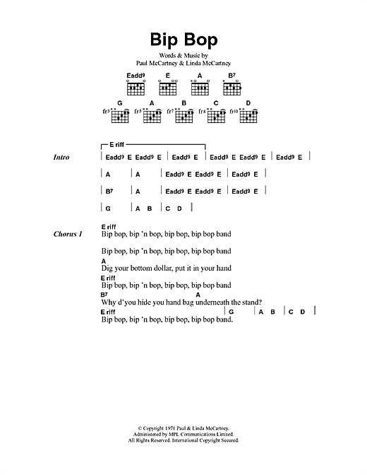 Paul McCartney & Wings Bip Bop/Hey Diddle sheet music notes and chords arranged for Guitar Chords/Lyrics