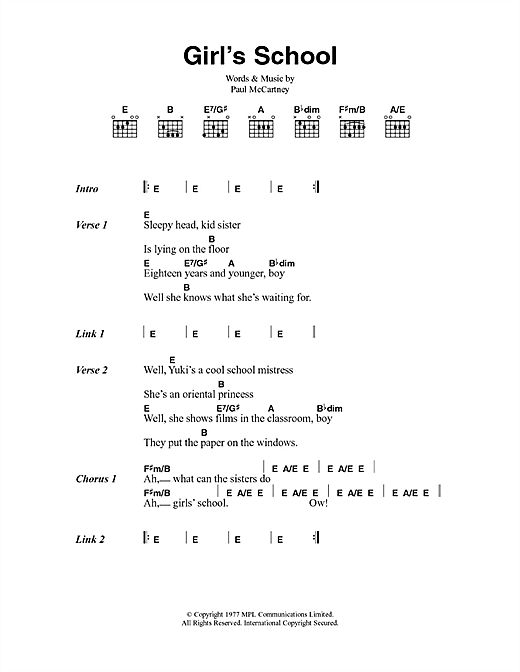 Paul McCartney & Wings Girls' School sheet music notes and chords arranged for Guitar Chords/Lyrics