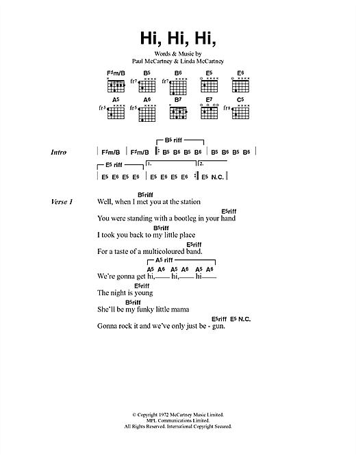 Paul McCartney & Wings Hi Hi Hi sheet music notes and chords arranged for Guitar Chords/Lyrics