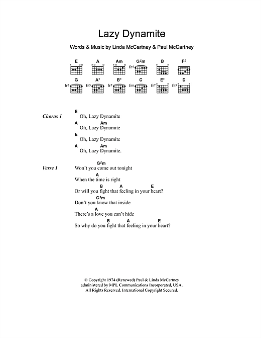 Paul McCartney & Wings Lazy Dynamite sheet music notes and chords arranged for Guitar Chords/Lyrics