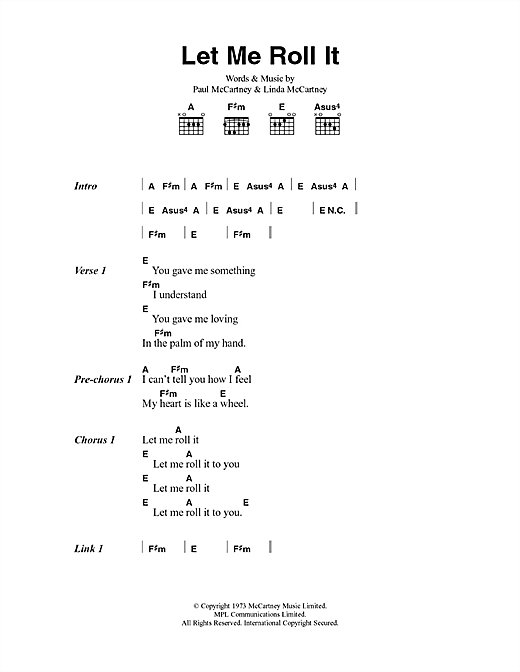 Paul McCartney & Wings Let Me Roll It sheet music notes and chords arranged for Guitar Chords/Lyrics
