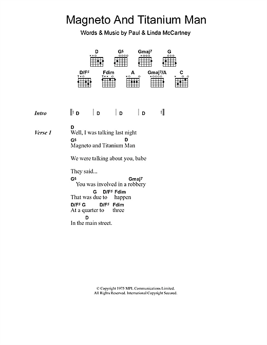 Paul McCartney & Wings Magneto And Titanium Man sheet music notes and chords arranged for Guitar Chords/Lyrics
