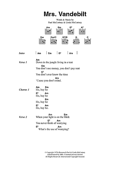 Paul McCartney & Wings Mrs. Vandebilt sheet music notes and chords arranged for Guitar Chords/Lyrics