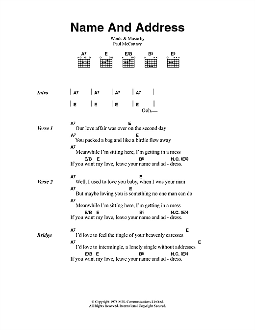 Paul McCartney & Wings Name And Address sheet music notes and chords arranged for Guitar Chords/Lyrics