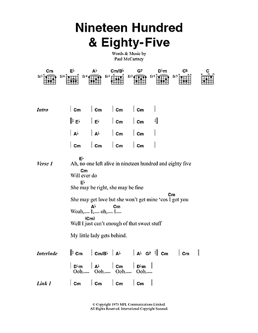 Paul McCartney & Wings Nineteen Hundred And Eighty Five sheet music notes and chords arranged for Guitar Chords/Lyrics