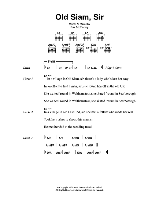 Paul McCartney & Wings Old Siam, Sir sheet music notes and chords arranged for Guitar Chords/Lyrics