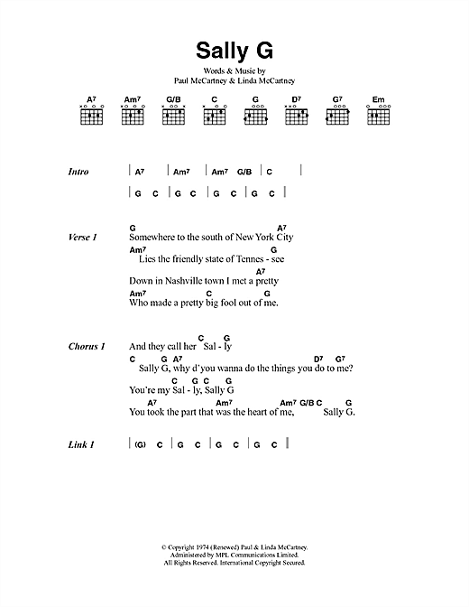 Paul McCartney & Wings Sally G sheet music notes and chords arranged for Guitar Chords/Lyrics