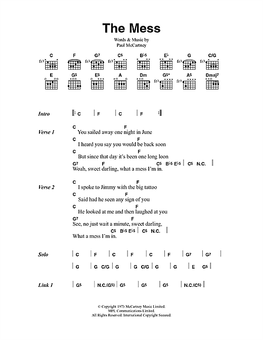 Paul McCartney & Wings The Mess sheet music notes and chords arranged for Guitar Chords/Lyrics