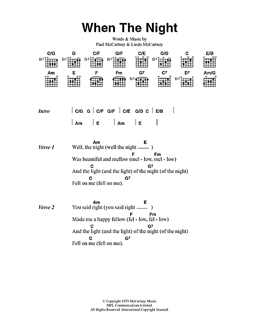 Paul McCartney & Wings When The Night sheet music notes and chords arranged for Guitar Chords/Lyrics