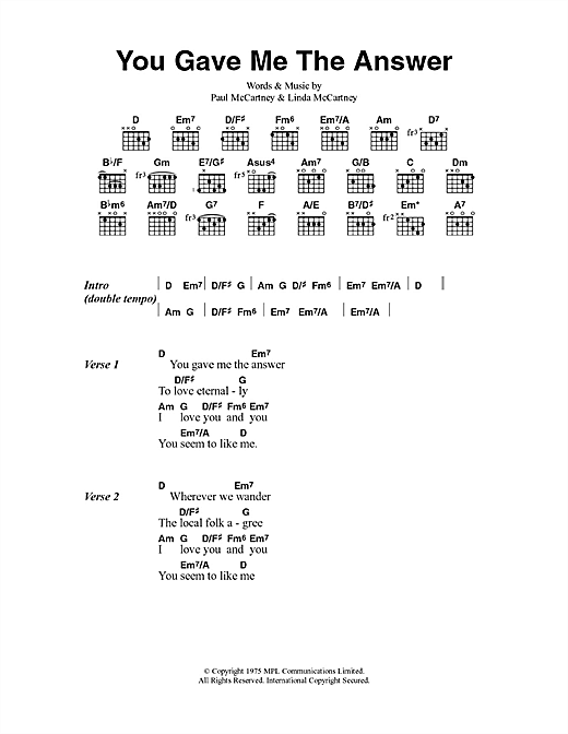 Paul McCartney & Wings You Gave Me The Answer sheet music notes and chords arranged for Guitar Chords/Lyrics