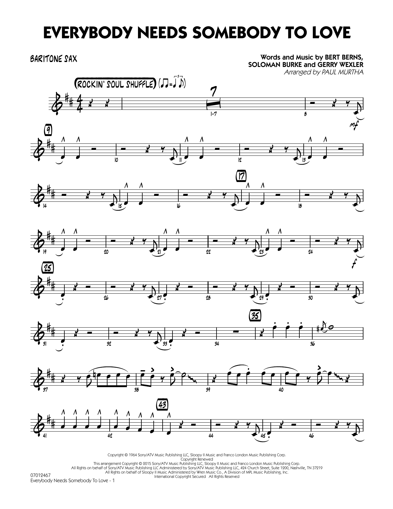 Paul Murtha Everybody Needs Somebody to Love - Baritone Sax sheet music notes and chords. Download Printable PDF.