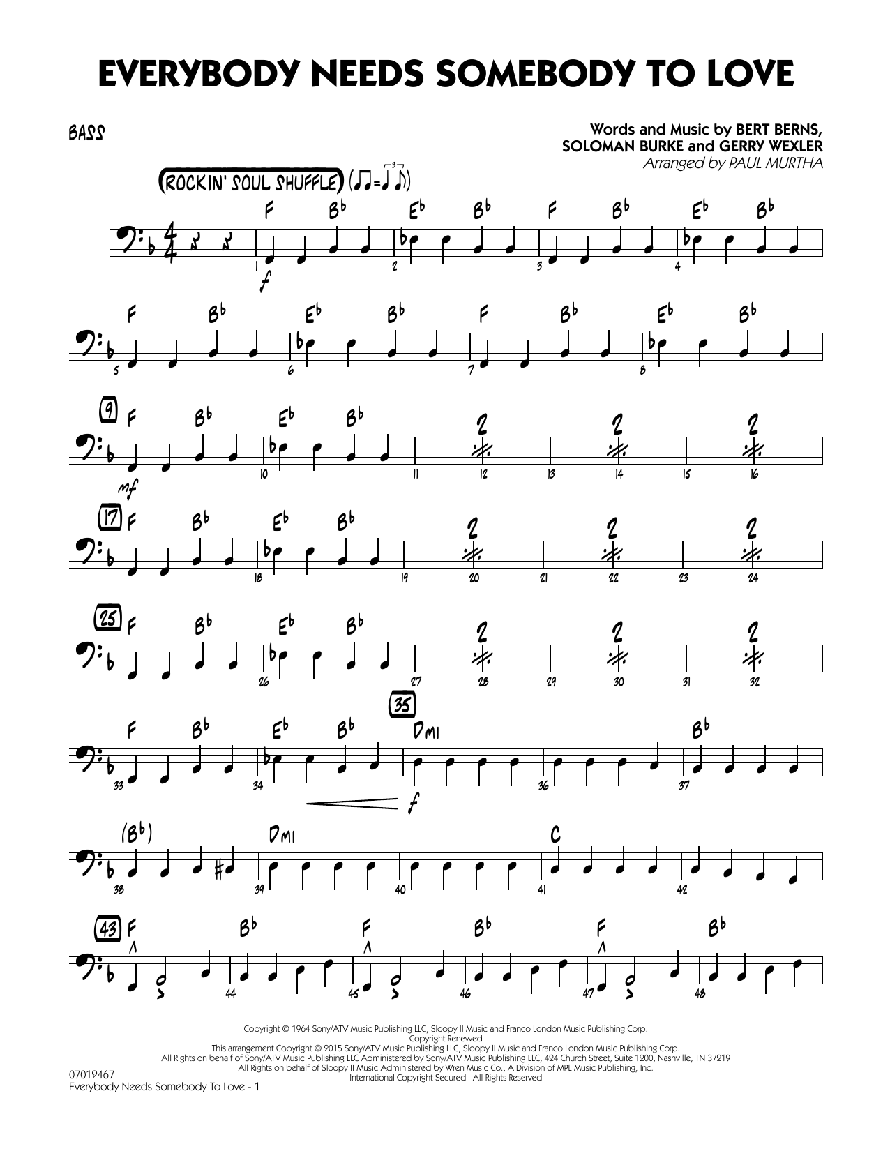 Paul Murtha Everybody Needs Somebody to Love - Bass sheet music notes and chords. Download Printable PDF.