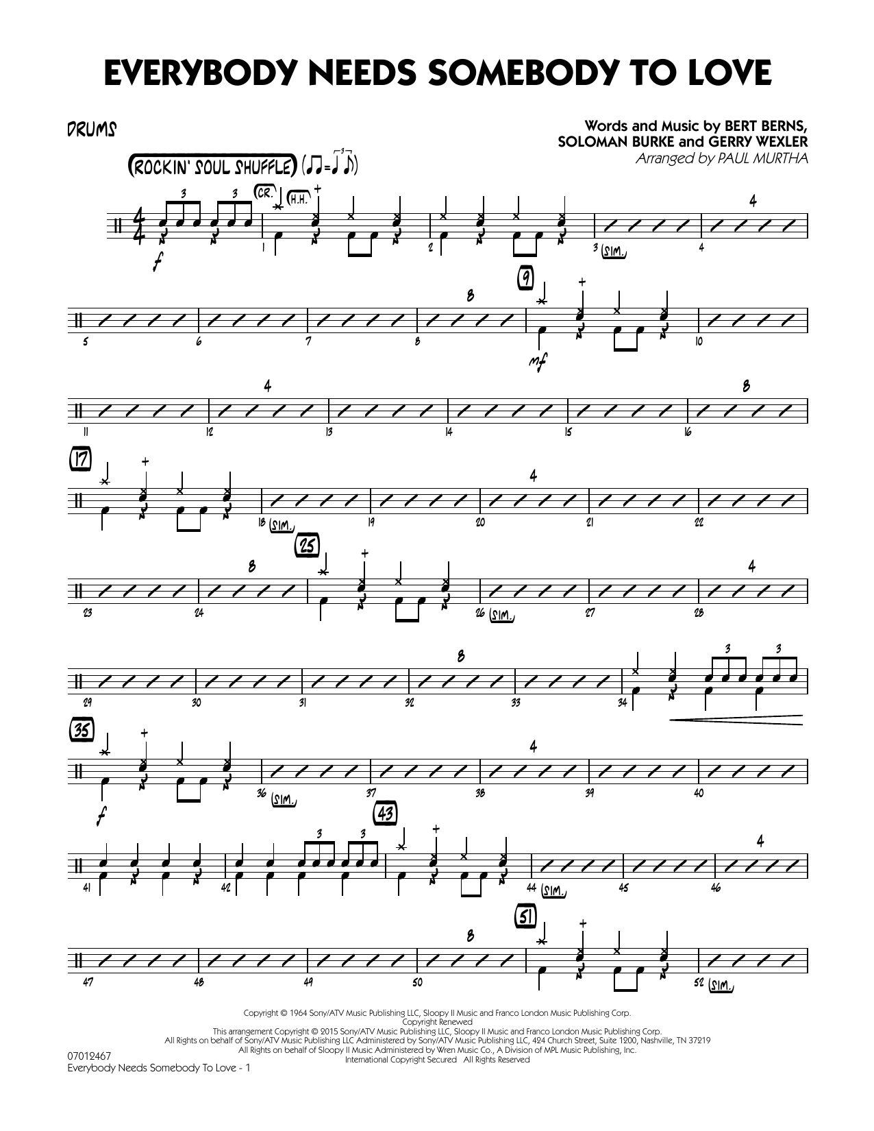 Paul Murtha Everybody Needs Somebody to Love - Drums sheet music notes and chords. Download Printable PDF.