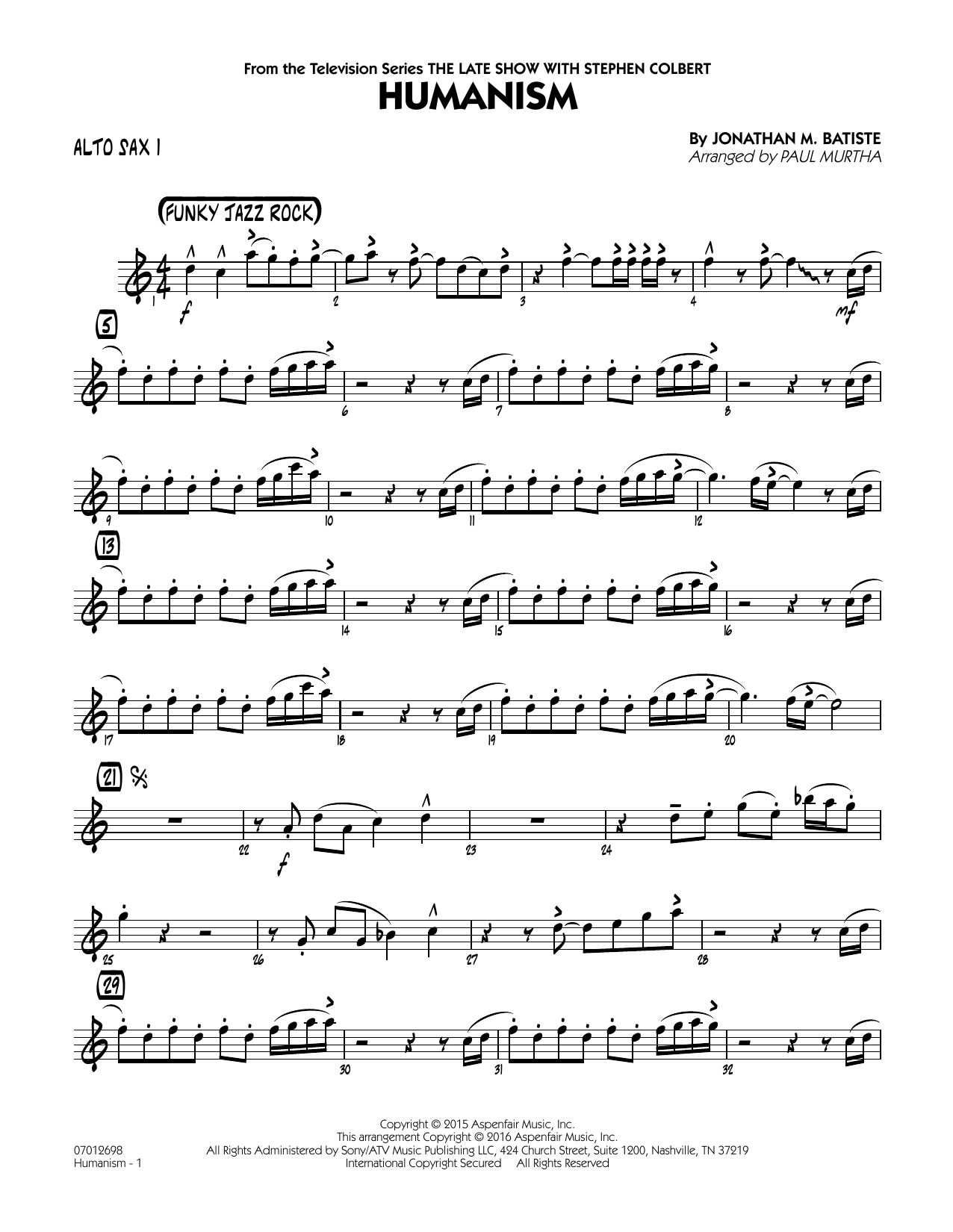 Paul Murtha Humanism - Alto Sax 1 sheet music notes and chords arranged for Jazz Ensemble