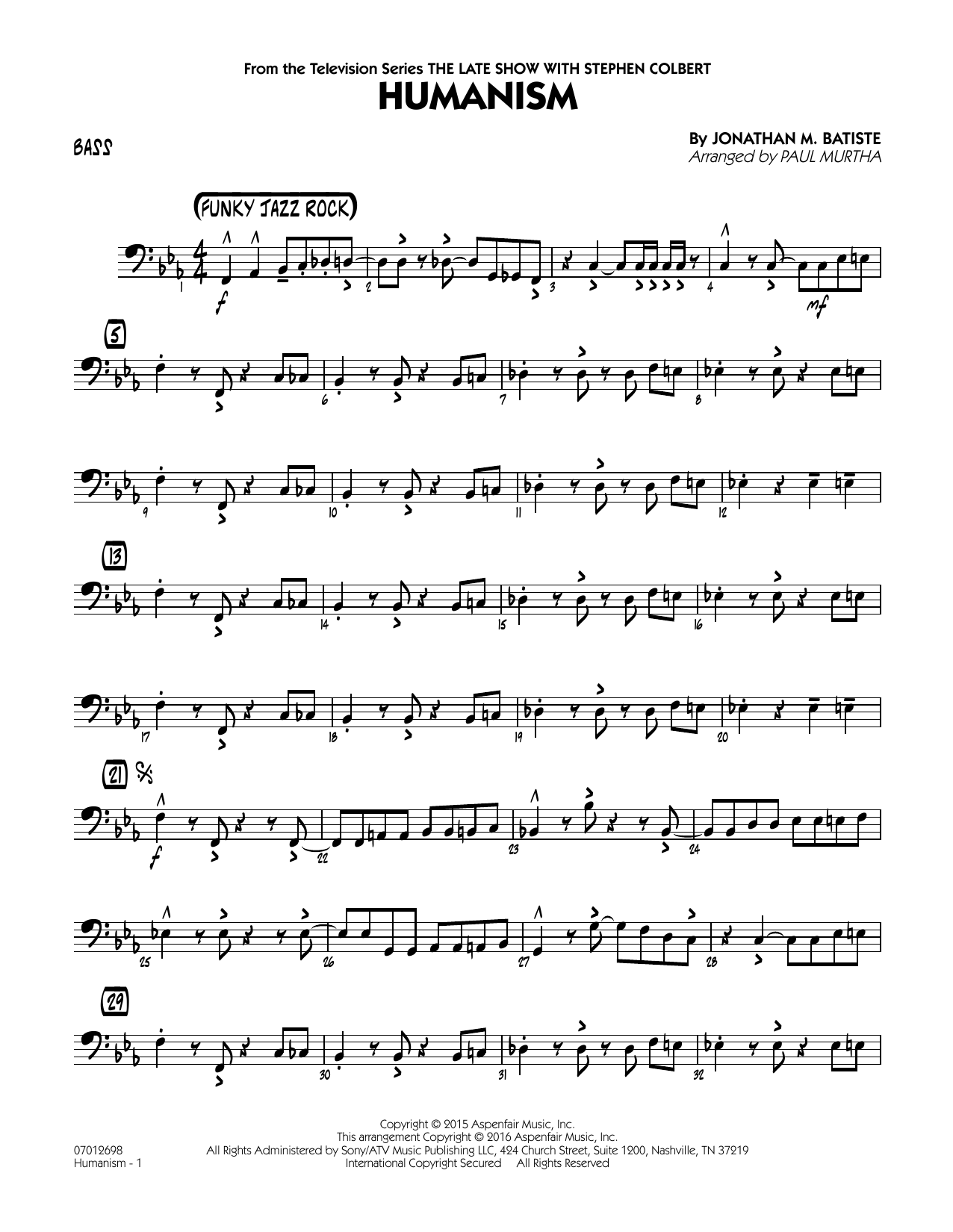 Paul Murtha Humanism - Bass sheet music notes and chords arranged for Jazz Ensemble