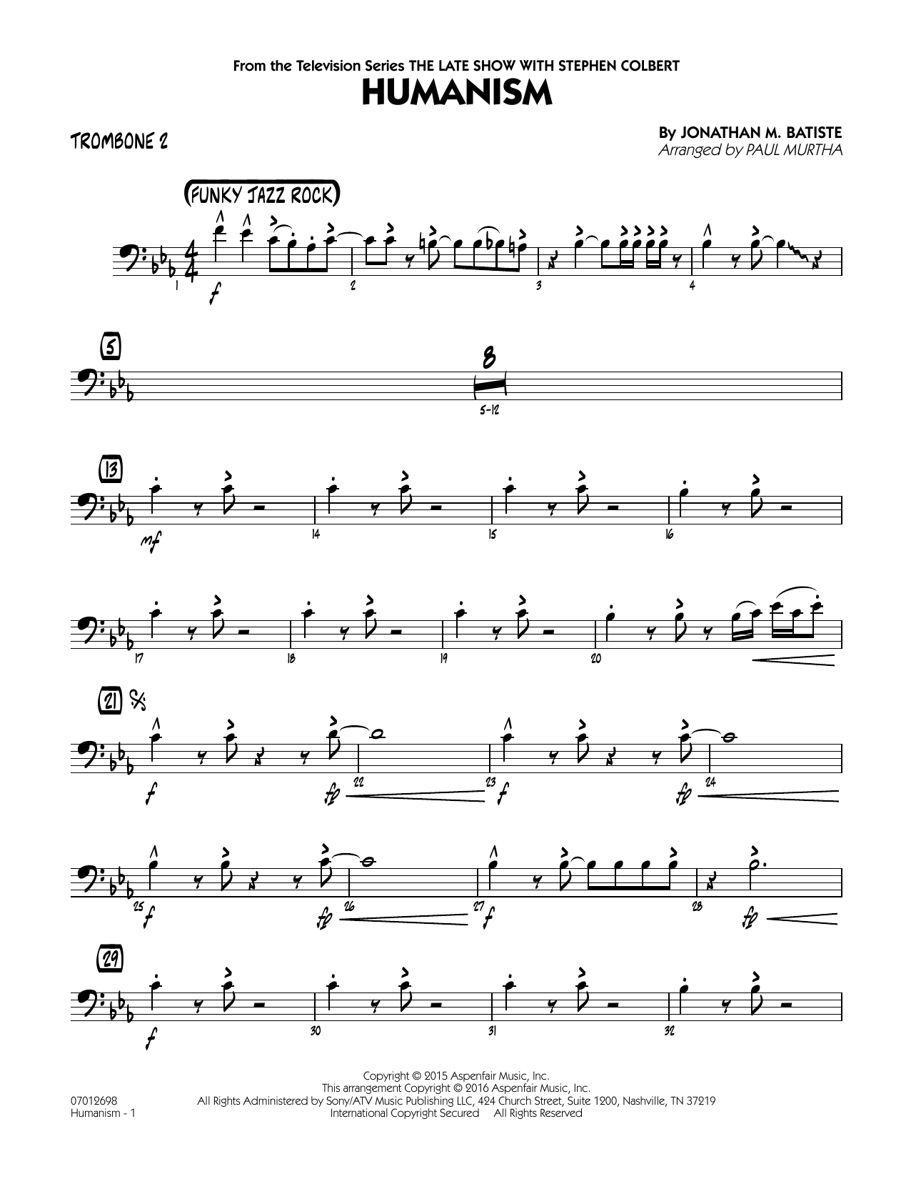 Paul Murtha Humanism - Trombone 2 sheet music notes and chords arranged for Jazz Ensemble