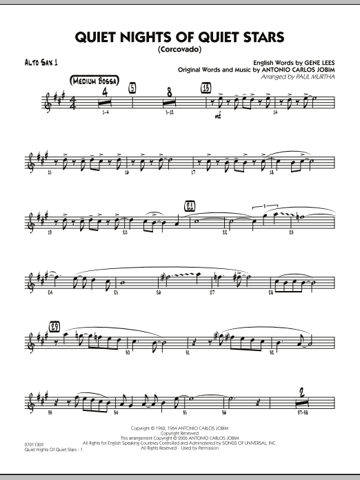 Paul Murtha Quiet Nights Of Quiet Stars (Corcovado) - Alto Sax 1 sheet music notes and chords. Download Printable PDF.