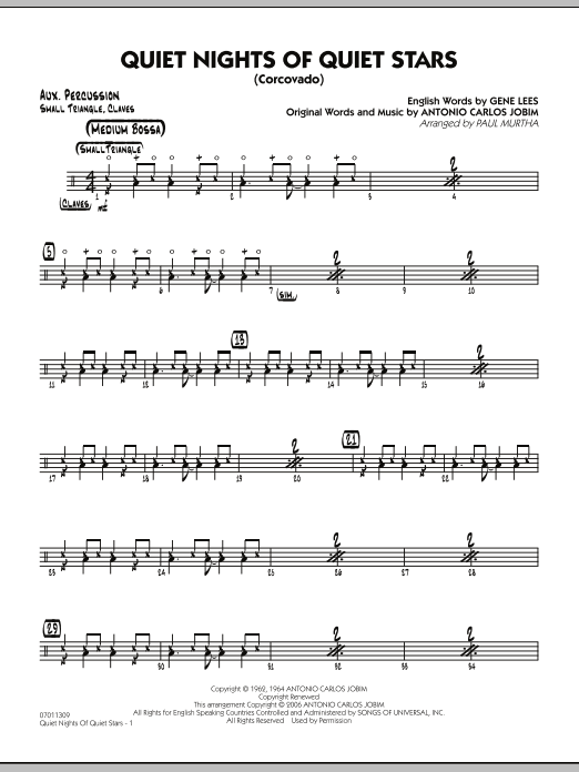 Paul Murtha Quiet Nights Of Quiet Stars (Corcovado) - Aux Percussion sheet music notes and chords. Download Printable PDF.