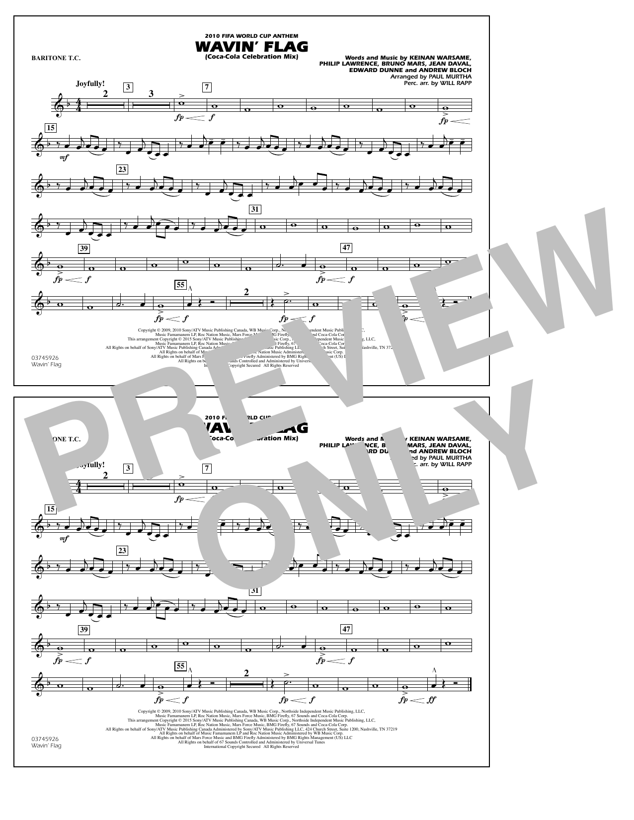 Paul Murtha Wavin' Flag - Baritone T.C. sheet music notes and chords. Download Printable PDF.