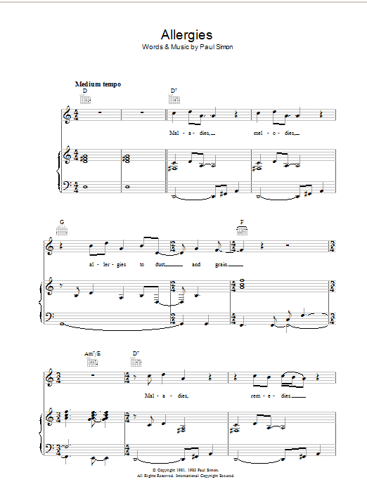 Paul Simon Allergies sheet music notes and chords. Download Printable PDF.