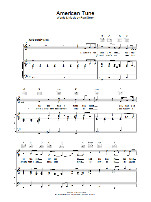 Paul Simon American Tune sheet music notes and chords. Download Printable PDF.