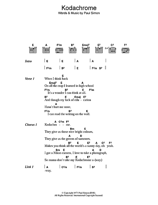 Paul Simon Kodachrome™ sheet music notes and chords arranged for Guitar Chords/Lyrics