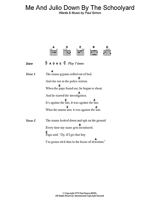 Paul Simon Me And Julio Down By The Schoolyard sheet music notes and chords arranged for Guitar Chords/Lyrics
