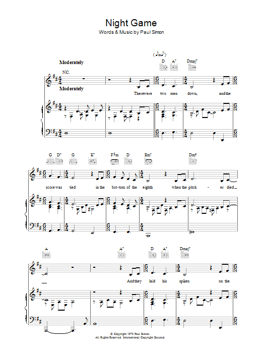 Paul Simon Night Game sheet music notes and chords. Download Printable PDF.