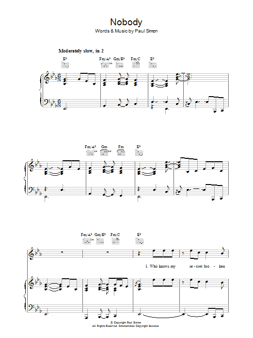Paul Simon Nobody sheet music notes and chords. Download Printable PDF.