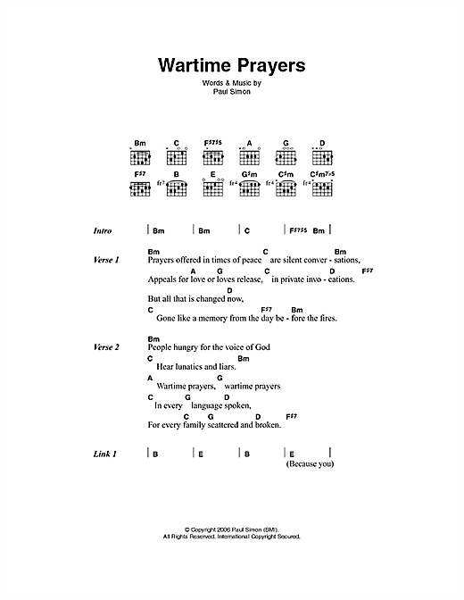 Paul Simon Wartime Prayers sheet music notes and chords arranged for Guitar Chords/Lyrics