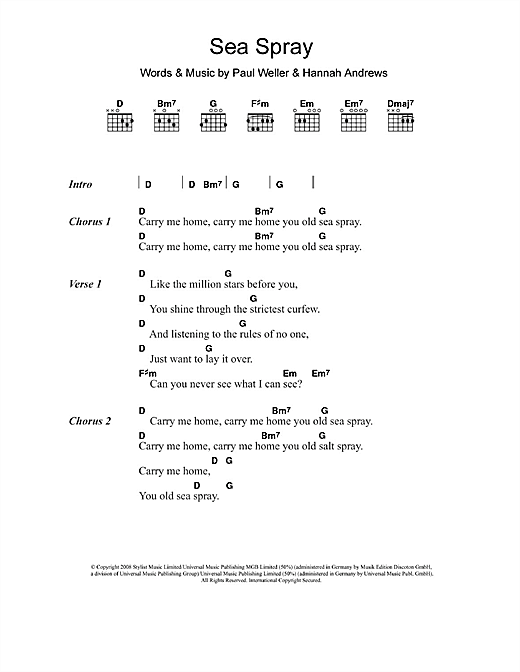 Paul Weller Sea Spray sheet music notes and chords arranged for Guitar Chords/Lyrics