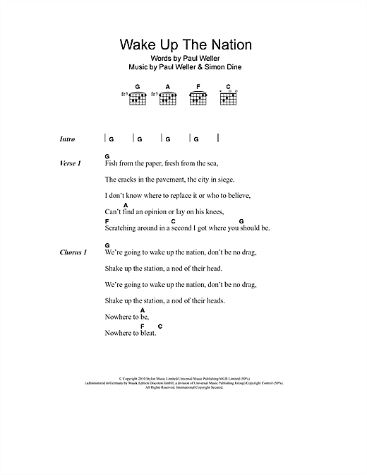 Paul Weller Wake Up The Nation sheet music notes and chords arranged for Guitar Chords/Lyrics