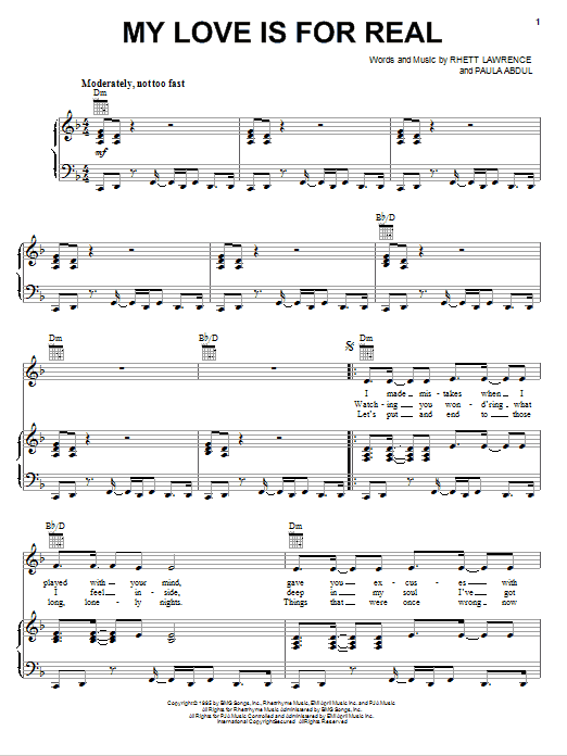 Paula Abdul My Love Is For Real sheet music notes and chords arranged for Piano, Vocal & Guitar Chords (Right-Hand Melody)