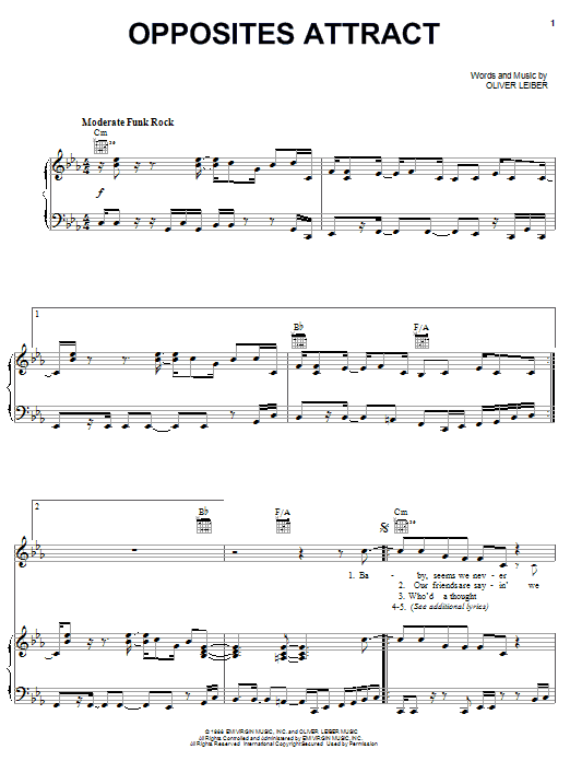Paula Abdul Opposites Attract sheet music notes and chords arranged for Piano, Vocal & Guitar Chords (Right-Hand Melody)