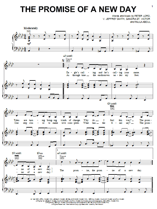 Paula Abdul The Promise Of A New Day sheet music notes and chords arranged for Piano, Vocal & Guitar Chords (Right-Hand Melody)
