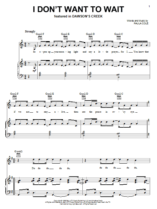 Paula Cole I Don't Want To Wait sheet music notes and chords arranged for Piano, Vocal & Guitar Chords (Right-Hand Melody)