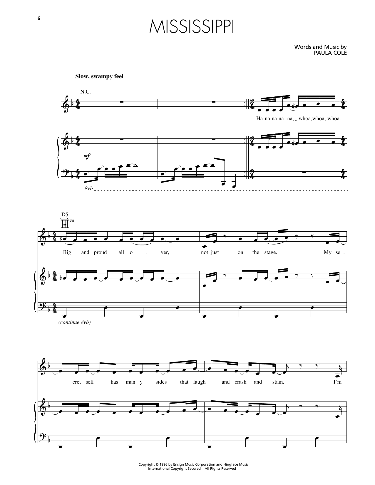 Paula Cole Mississippi sheet music notes and chords arranged for Piano, Vocal & Guitar Chords (Right-Hand Melody)