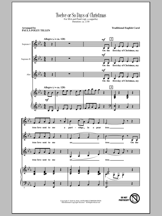 Paula Foley Tillen Twelve Or So Days Of Christmas sheet music notes and chords arranged for SSA Choir