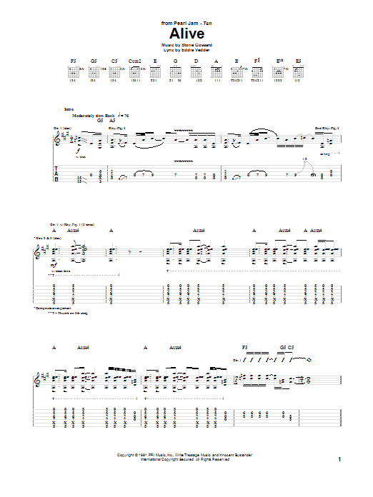 Pearl Jam Alive sheet music notes and chords arranged for Easy Bass Tab