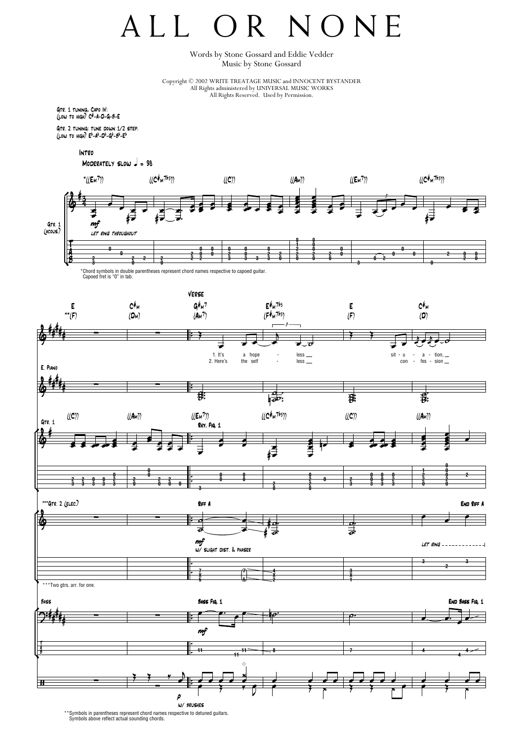 Pearl Jam All Or None sheet music notes and chords arranged for Transcribed Score