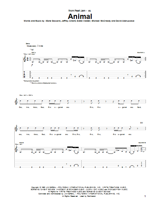 Pearl Jam Animal sheet music notes and chords arranged for Piano, Vocal & Guitar Chords (Right-Hand Melody)