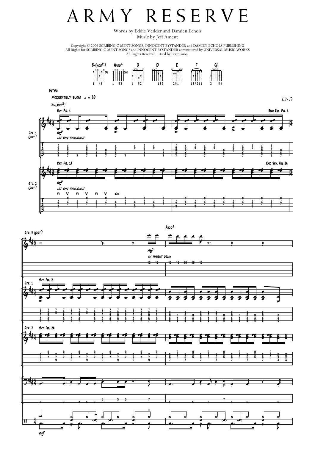 Pearl Jam Army Reserve sheet music notes and chords arranged for Transcribed Score