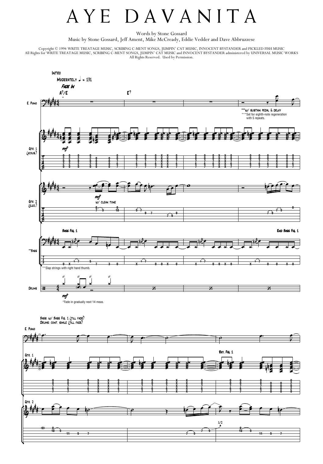 Pearl Jam Aye Davanita sheet music notes and chords arranged for Transcribed Score