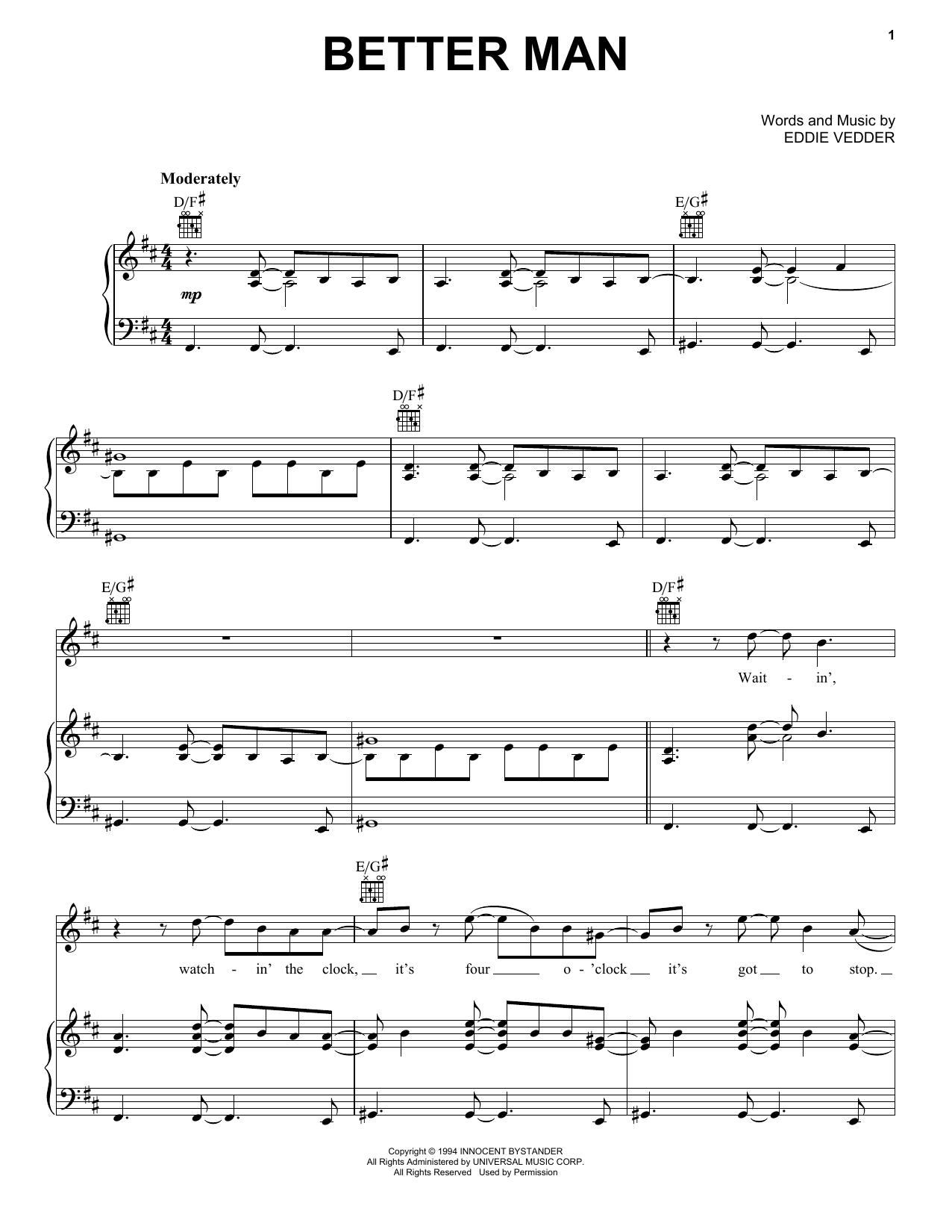 Pearl Jam Better Man sheet music notes and chords arranged for Piano, Vocal & Guitar Chords (Right-Hand Melody)