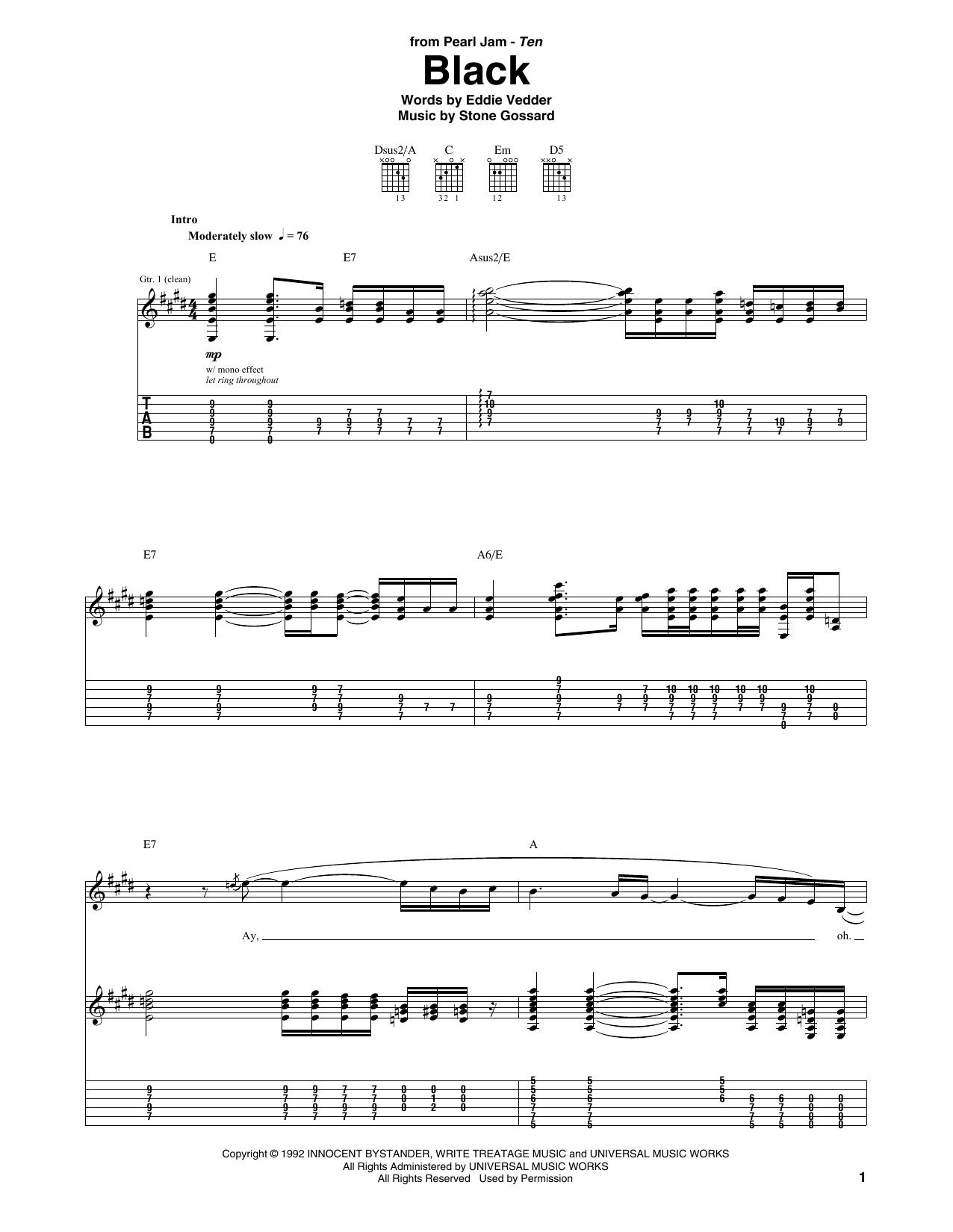 Pearl Jam Black sheet music notes and chords arranged for Piano, Vocal & Guitar Chords (Right-Hand Melody)