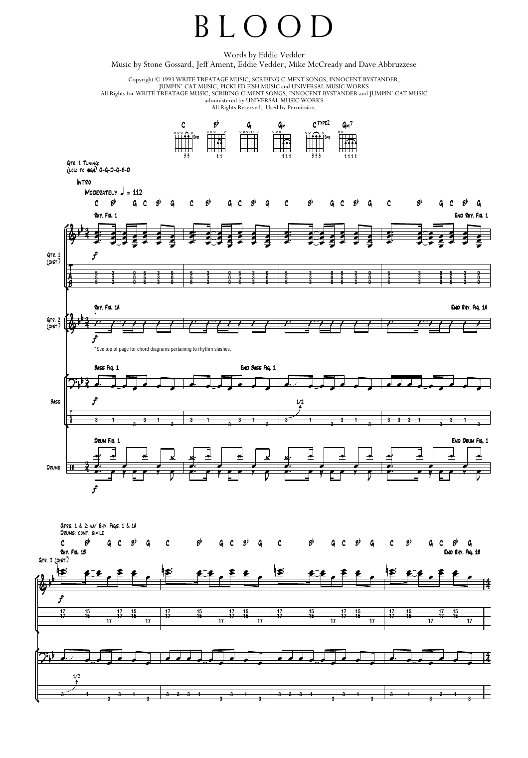 Pearl Jam Blood sheet music notes and chords arranged for Transcribed Score