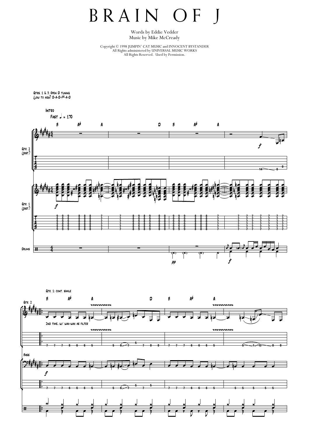 Pearl Jam Brain Of J sheet music notes and chords arranged for Transcribed Score