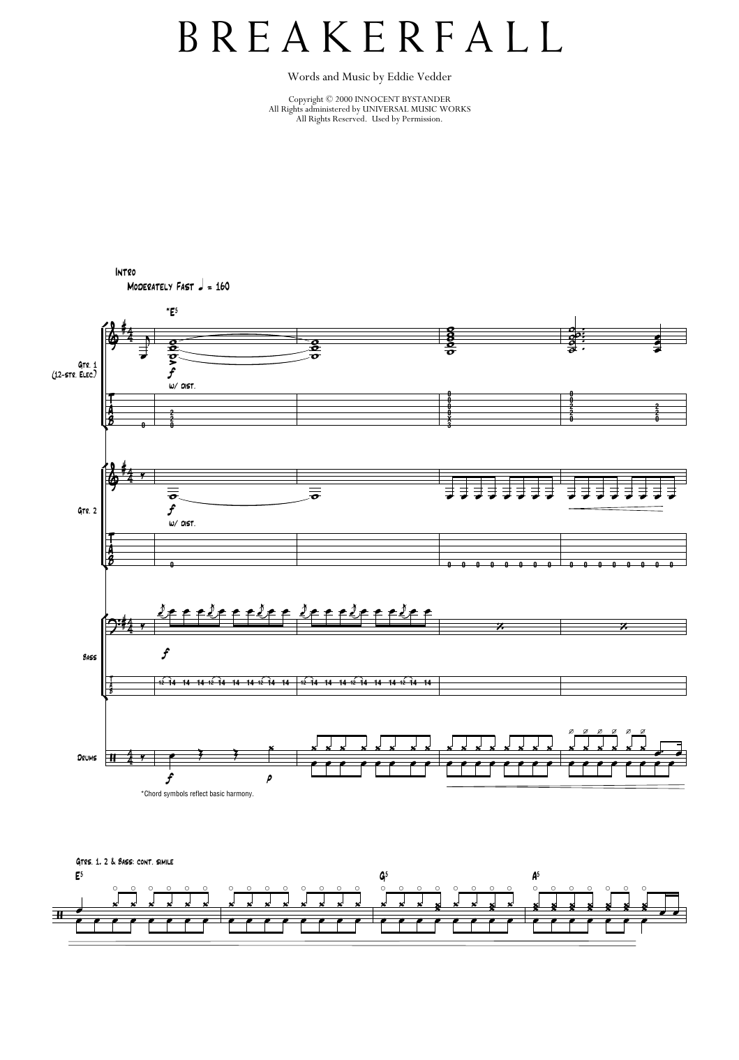 Pearl Jam Breakerfall sheet music notes and chords arranged for Transcribed Score