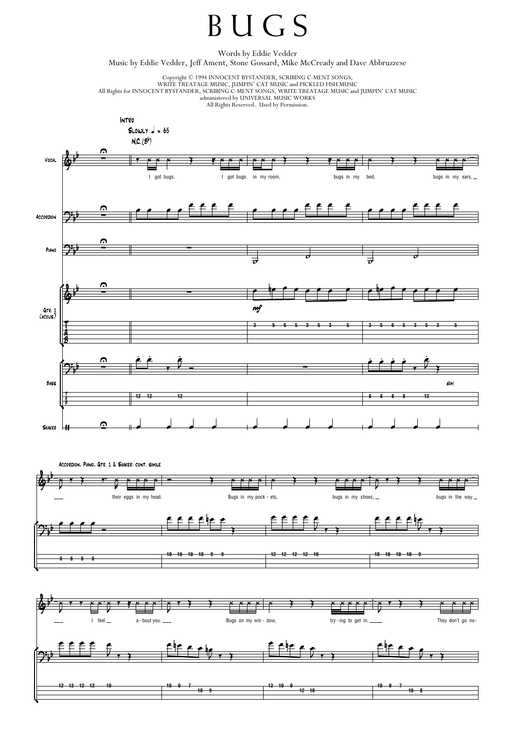 Pearl Jam Bugs sheet music notes and chords arranged for Transcribed Score