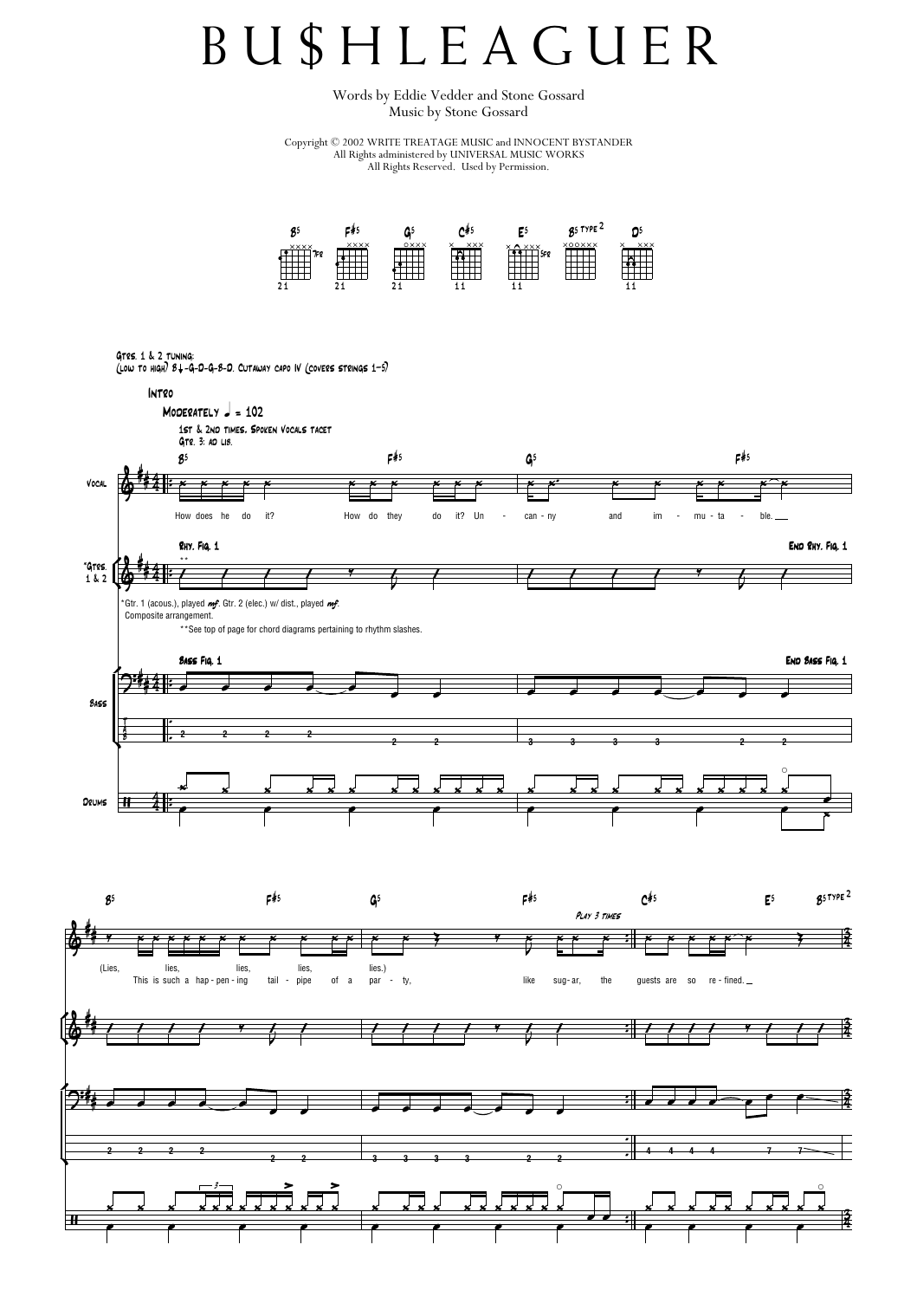 Pearl Jam Bushleager sheet music notes and chords arranged for Transcribed Score